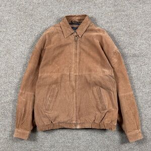 Falcon Bay Tan Brown Suede Leather Bomber Jacket Men’s XL Full Zip Plaid‎ Lined